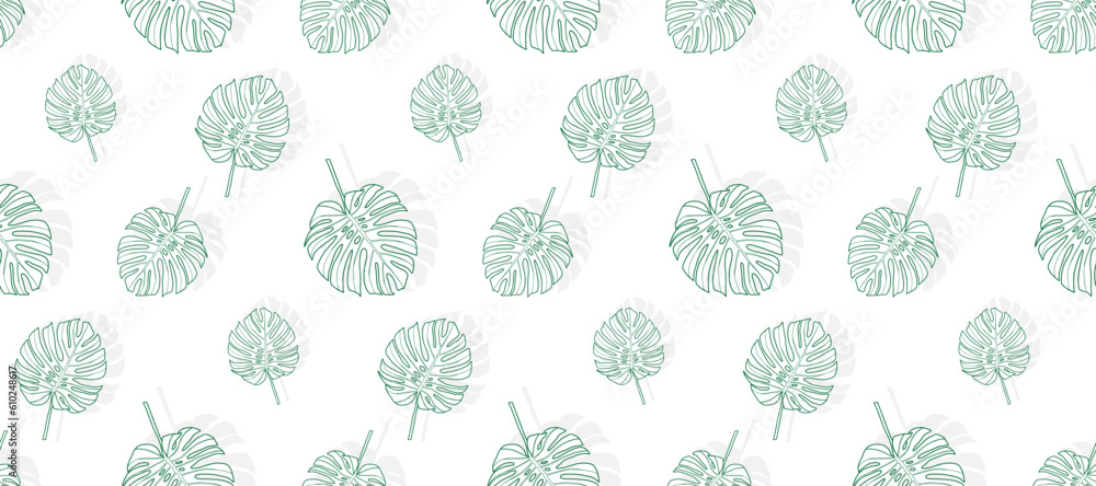 Delicate tropical seamless pattern with green monstera leaves on a white background. Pattern for textiles, wallpapers, backgrounds, postcards, tableware, item designs