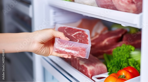 Woman putting raw meat in refrigerator, closeup. Generative AI