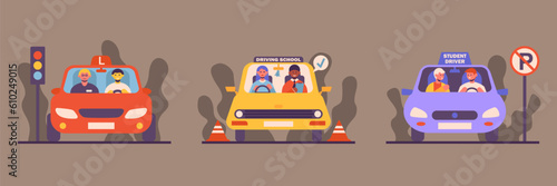 Set of illustrations about private driving lessons. Student drives car under supervision of instructor. Practice at driving school, maneuvering between cones. Road signs and traffic lights exam
