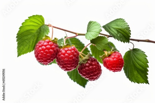 raspberries tree branch with green leaves nature on air white background generative AI