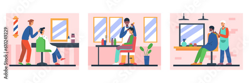 Set of illustrations about barbershop. Hairdressers cut hair for visitors. Professionals make fashionable modern hairstyles for clients. Beard care, men hair styling