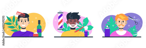 Set of illustrations about care of men hair, beard, mustache. Men in barbershop. Stylish haircut, neat shaving, fashionable hair styling. Hairdresser, barber service