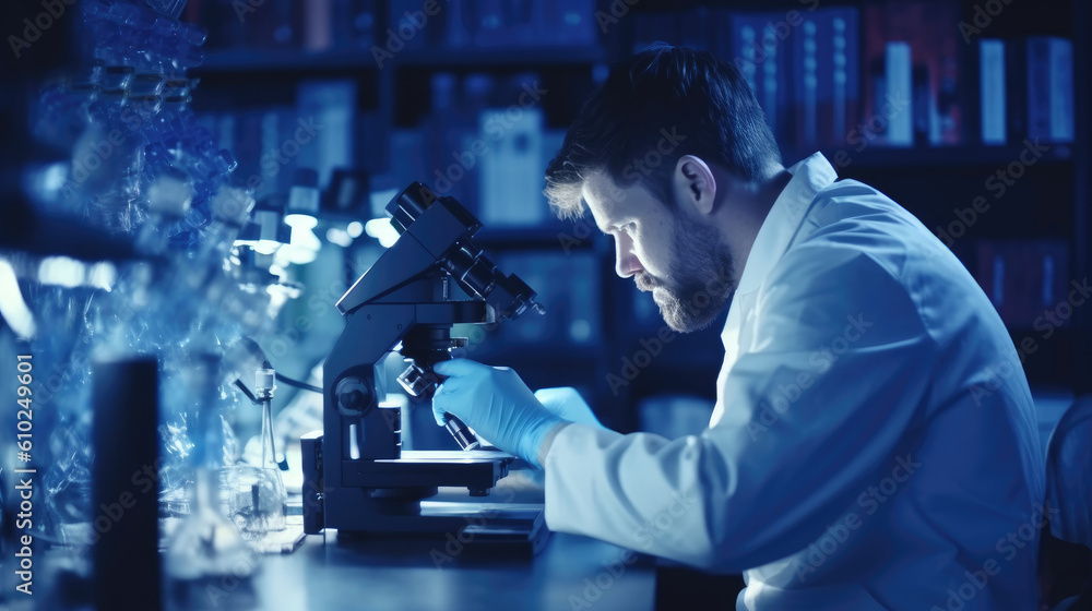 Science, development and microscope with a scientist at work in a laboratory for research or innovation. Science, development and microscope with a scientist at work in a laboratory for research or innovation.