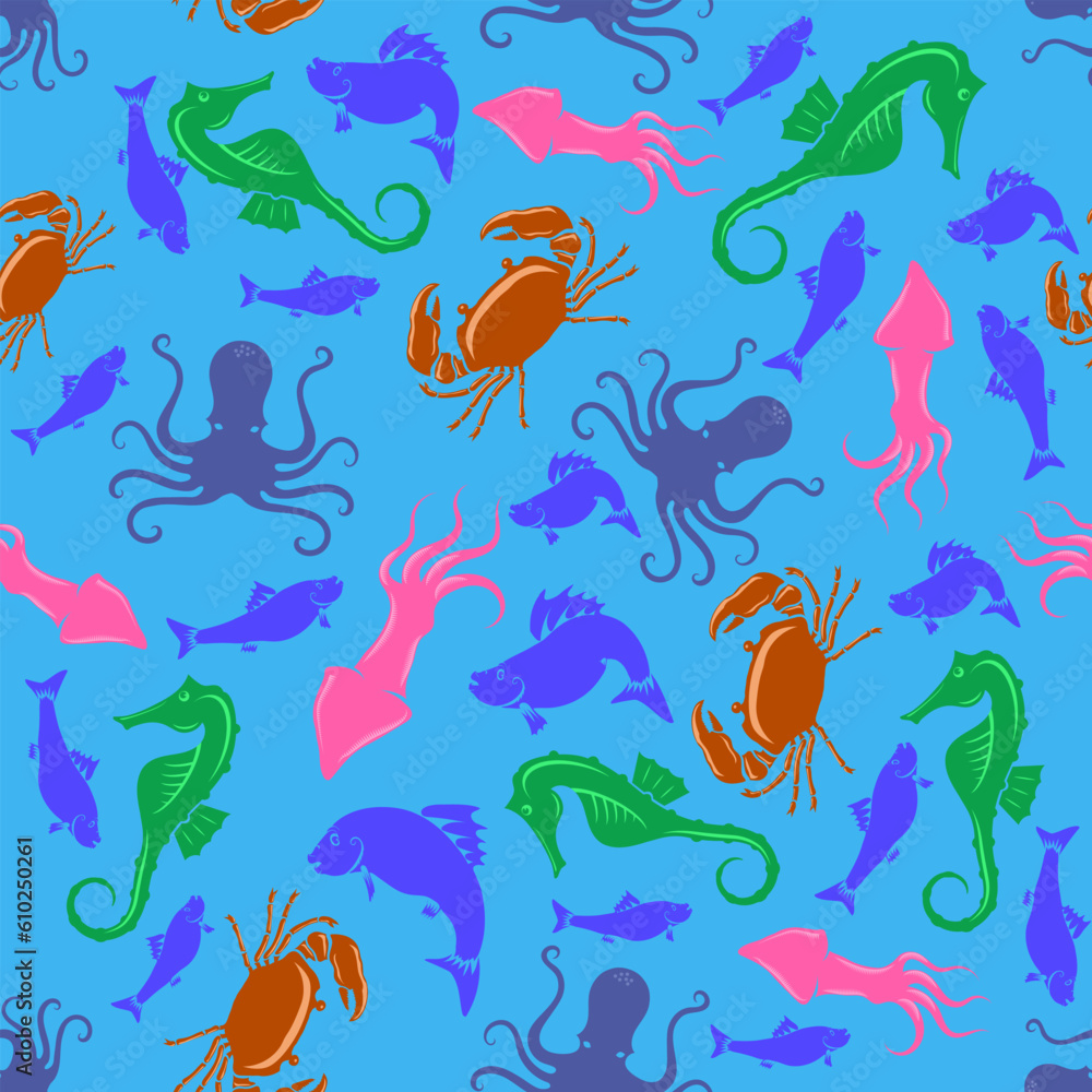 Vector Colored Seahorse, Crab, Octopus, Squid Icon. Fish design on Blue Background. Tropical Exotic Fish