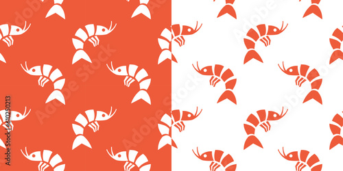 Set Vector seamless pattern with shrimp on a white and red background. Seafood print minimal flat design icon pattern