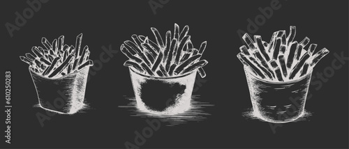 Set Vector engraved french fries potato hand drawn isolated illustration