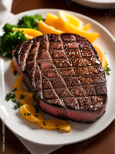 Realistic steak cozy restaurant warm lighting. photo