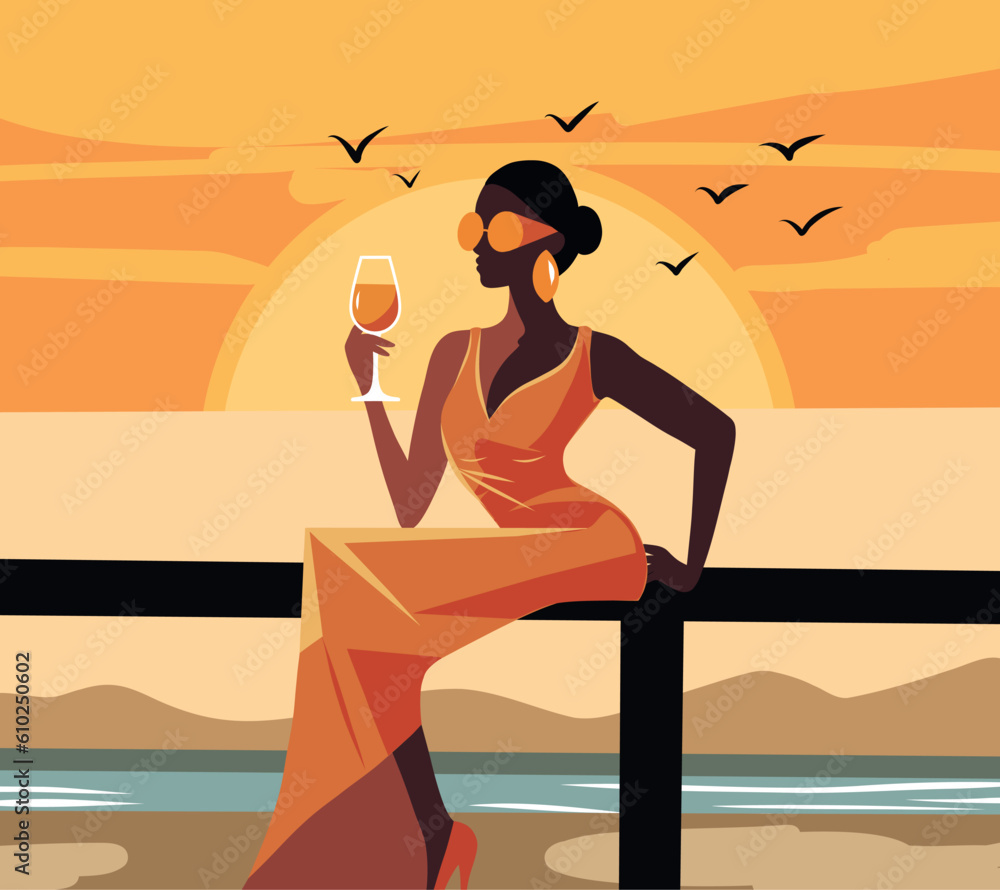 beach scene. Resort summer vacation. a young woman in a beautiful evening dress holds a glass in her hands against the backdrop of a seascape and sunset, evening beach. Vector illustration