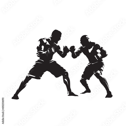 Two fighters standing up against each other, mma duel. Isolated vector silhouette, ink drawing