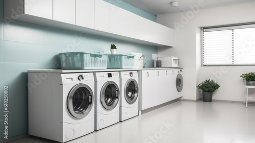 Wallpaper Mural Interior of light laundry room with washing machines and shelving units, Generative AI Torontodigital.ca