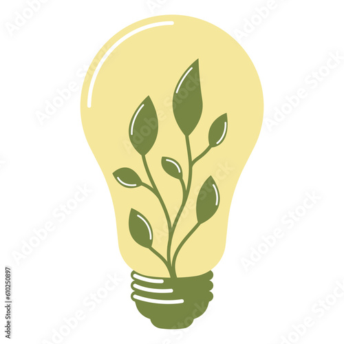 Green energy, light bulb with leaves inside as a symbol of environmental friendly sources of energy, vector illustration, ecology concept