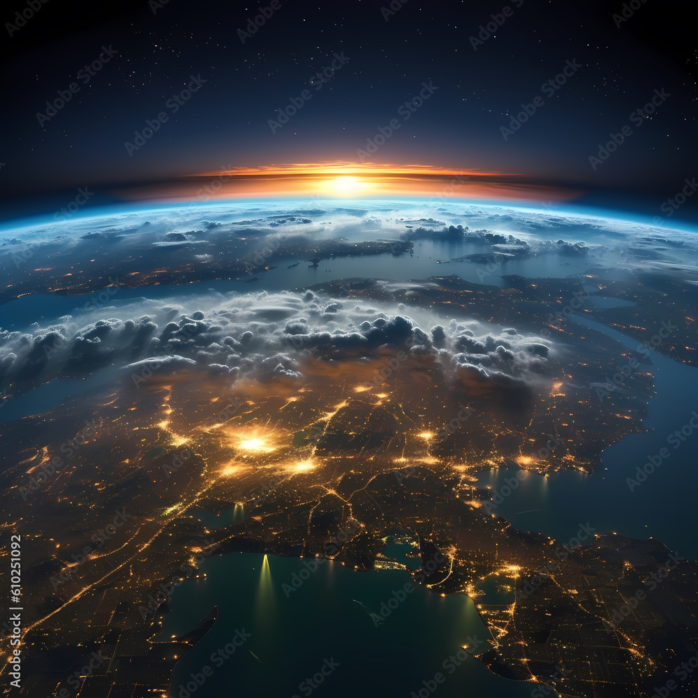 Photo de la planète terre de nuit avec effet de lumière des villes représentant la présence technologique de l'homme