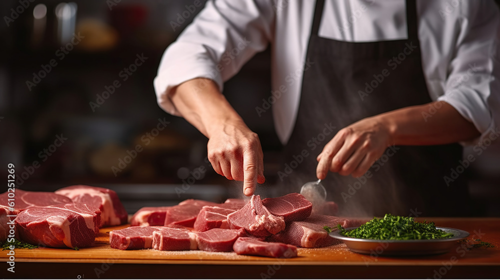 A Butcher Expertly Prepared Pork Meat in the Kitchen. Generative AI