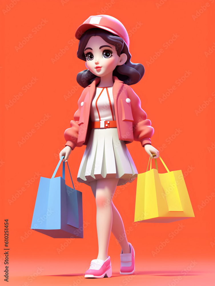 3d illustration. 3D rendering of a girl holding a shopping bag 3d illustration. 3D rendering of a girl holding a shopping bag