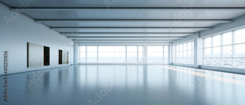 Interior empty white room with panorama windows. Copy space. Modern design stylish apartment. Generative AI