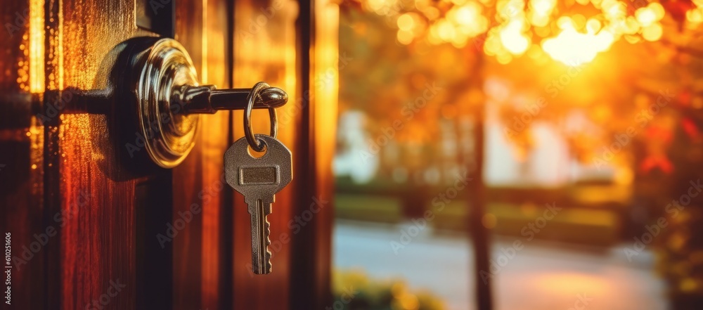 Sunset House Key on Door Handle. Bokeh Panorama. Luxurious Wood.