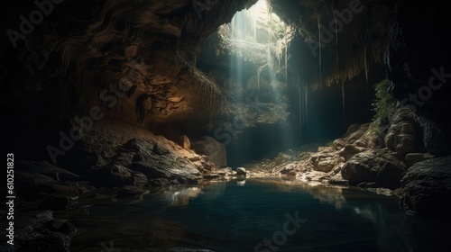 Waterfall Creating a Stunning Scene in the Cave