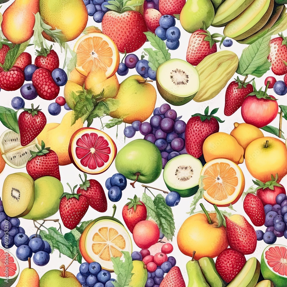 Seamless hand drawn pattern of summer colorful fruits. Generative AI.