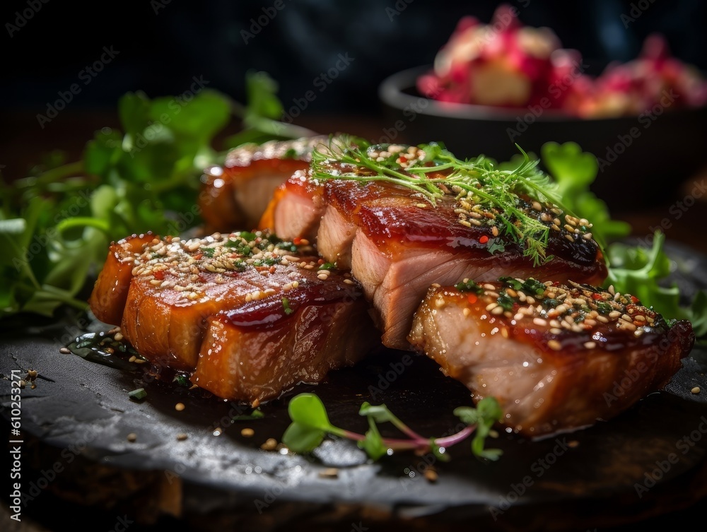 sliced honey-glazed pork belly with a garnish of sesame seeds and fresh herbs