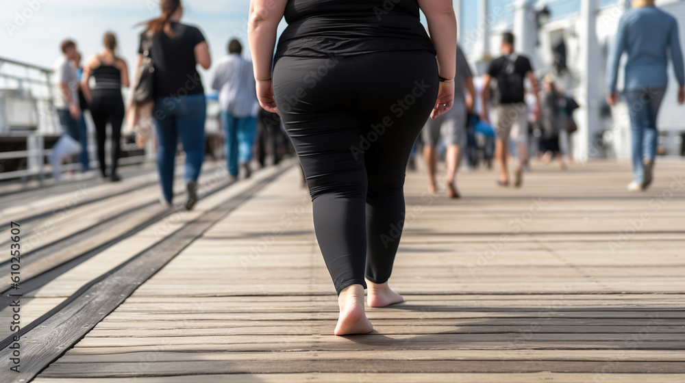 Naklejka premium Black-Clad Obese Woman Striding Confidently on the Pier. Generative AI