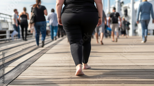 Black-Clad Obese Woman Striding Confidently on the Pier. Generative AI