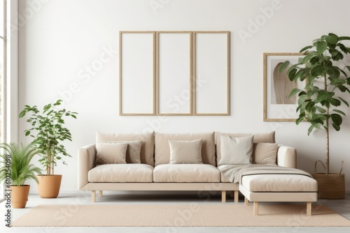 Mockup of three wooden frame on white wall in living room with beige couch, plants. AI Generated. © ShniDesign
