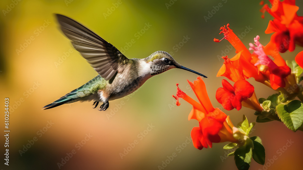 Naklejka premium Hummingbird on the flower close up AI generated