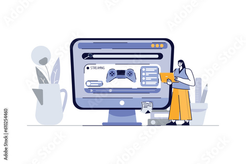 Online game streaming concept with people scene in the flat cartoon style. A girl is watching a stream of a computer game player. Vector illustration.