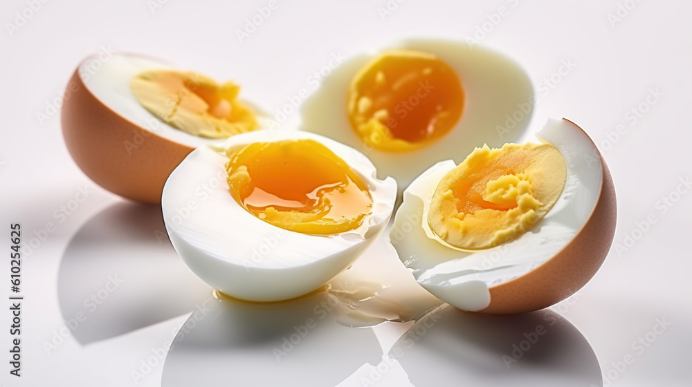 Sliced soft boiled eggs on white background. Generative AI Sliced soft boiled eggs on white background. Generative AI