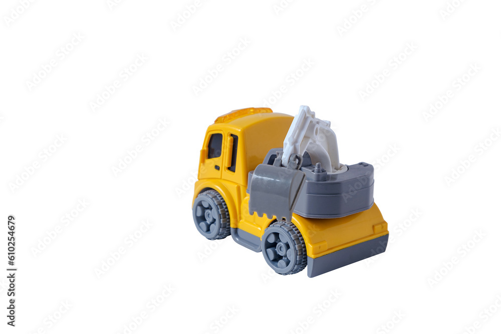 Industrial yellow loader truck toy, plaything for kid learning about construction site work and logistic work