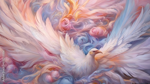 Vibrant pastel bird feathers intertwined with delicate blossoms