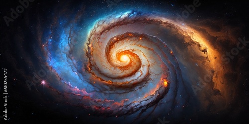 Universe, space, galaxies concept. Galaxy whirling around, colorful nebula and whirl, spiral solar system, stars and planets orbit a dark black void. Beautiful blue and orange lights. Generative Ai.
