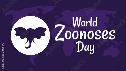 World Zoonoses Day with elephant icon and world map background in flat design