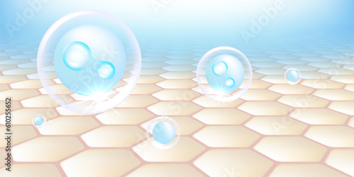 Probiotic and Hyaluronic acid skin solutions ad, blue collagen, and vitamin serum drops with cosmetic advertising background ready to use illustration vector.