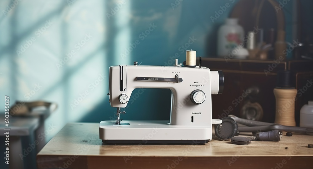 Sewing machine on table in tailor's workshop, Generative AI