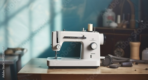 Sewing machine on table in tailor's workshop, Generative AI