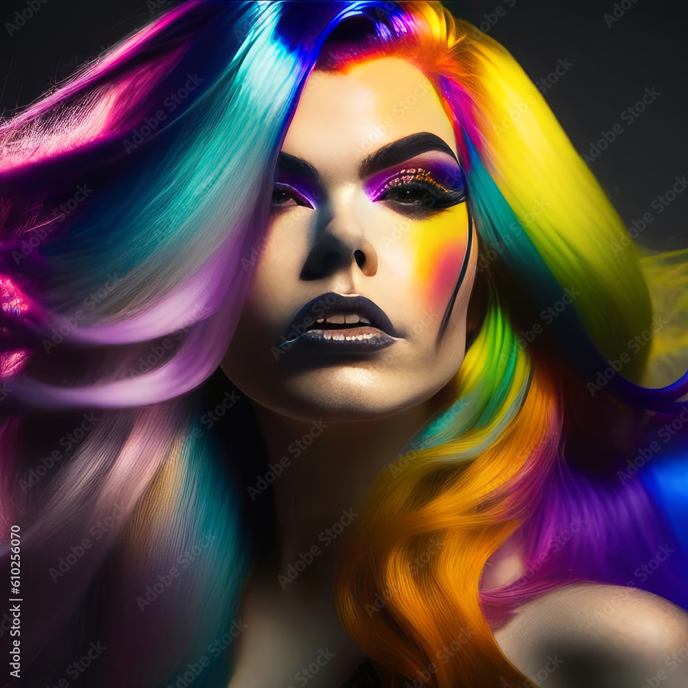 Fototapeta premium woman with luxurious colorful bright hair on a dark background