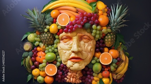  human face sculpted from a variety of fruits