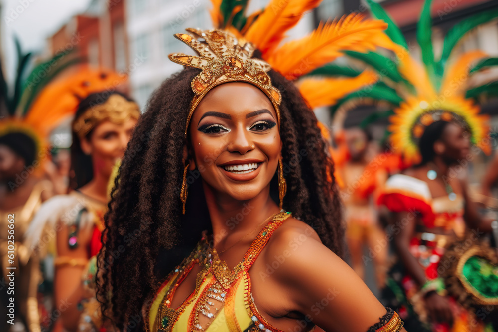 Samba fastival, carnival procession. A woman in a yellow and orange costume. Generative AI.
