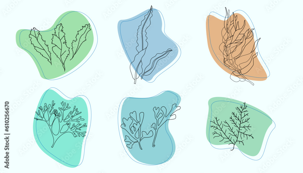 Set of abstract organic shapes, aglae leaves, female nude silhouettes, in trendy Matisse inspired style. Contemporary vector art illustrations on white background. Digital stickers.