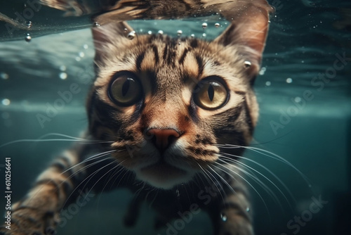 Animal and nature concept. Domestic funny looking cat diving in water. Generative AI © Rytis