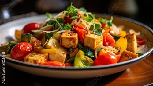 plate of ginger and garlic stir-fry with colorful vegetables and tofu