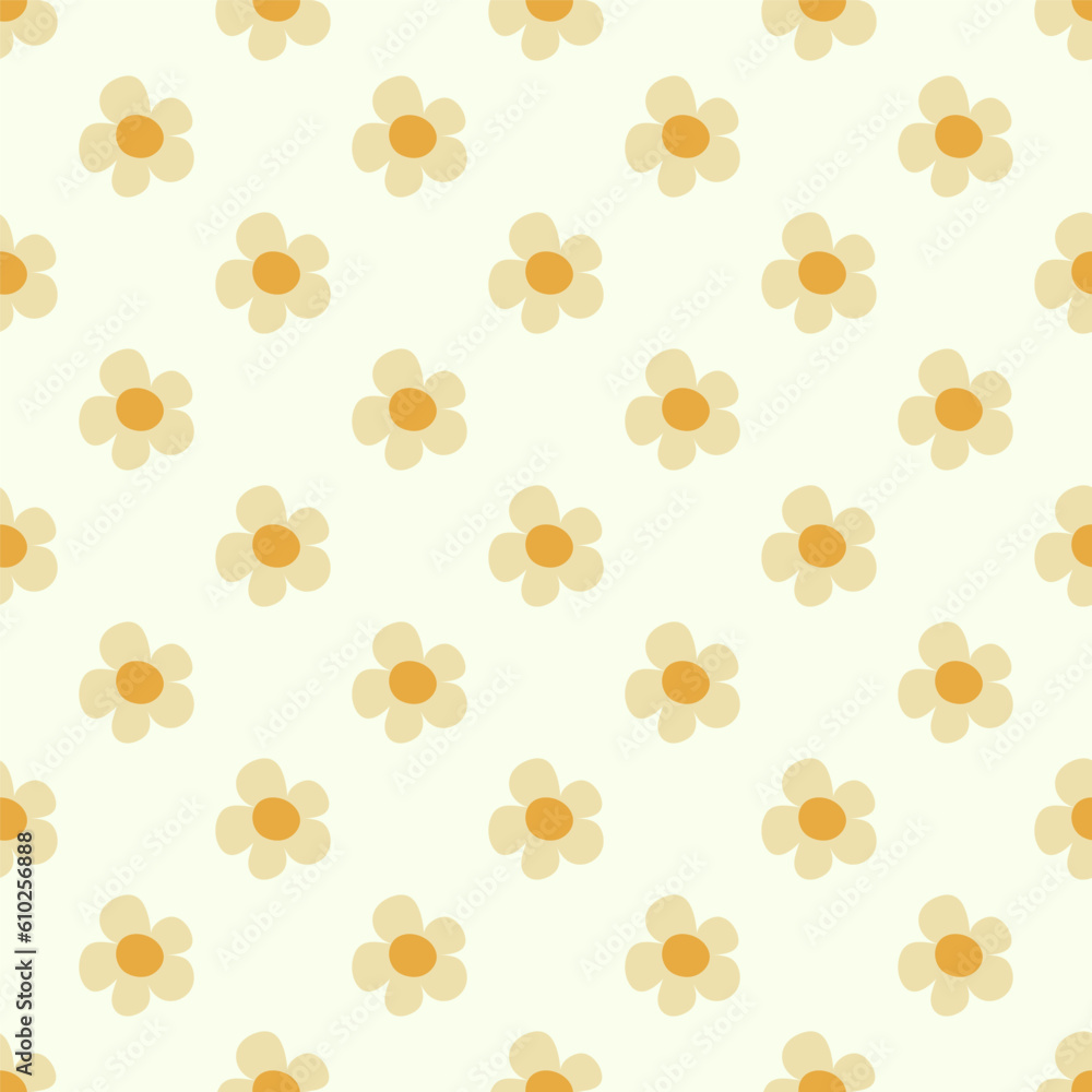 Seamless pattern with daisy flowers in Groovy style on light yellow