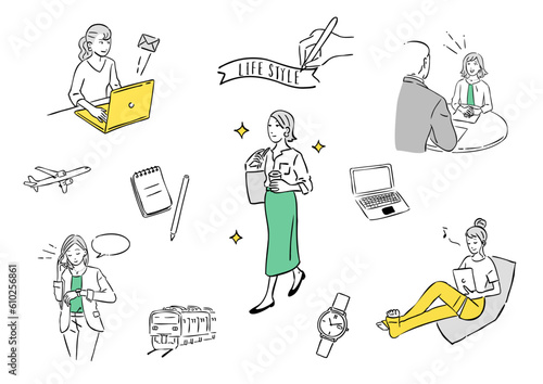 女性のライフスタイル　休日　スケジュール　シンプルな手書きの人物のイラストセット　線描きのビジネスパーソン