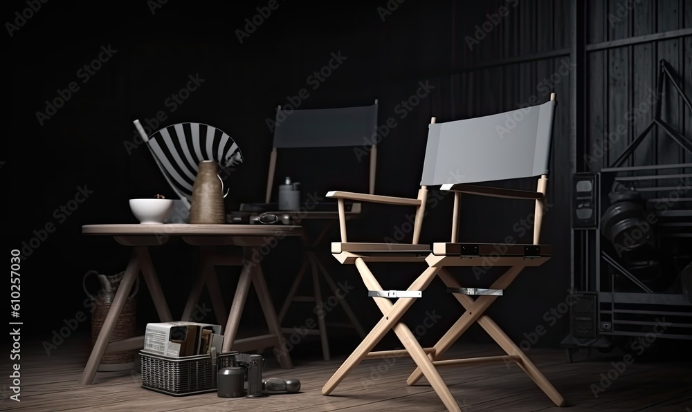 Movie set with director's chair and clapperboard in foreground Creating using generative AI tools Movie set with director's chair and clapperboard in foreground Creating using generative AI tools