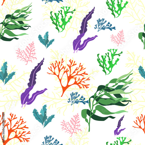 Seamless pattern, seaweed green leaves. Designs for textiles, wallpaper and prints. Minimalistic algae.