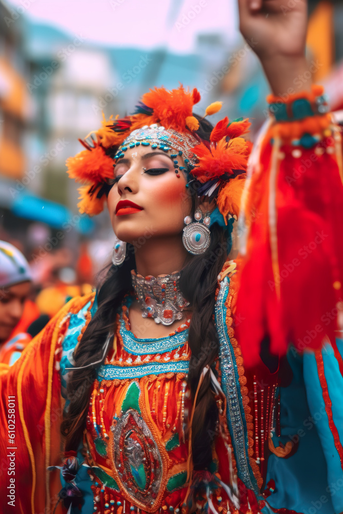A woman in a colorful costume is holding her hand up. Generative AI. Fiesta de la Tirana in Tarapaca, Chile.