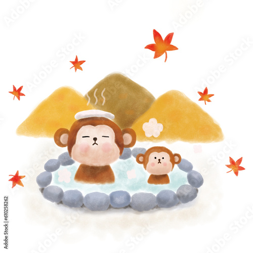 温泉に入るさるの秋のイラスト