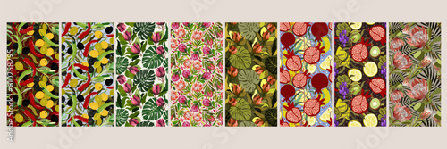 Vector collection of eight seamless patterns with exotic flowers and bright vegetables and fruits. Mediterranean set.
