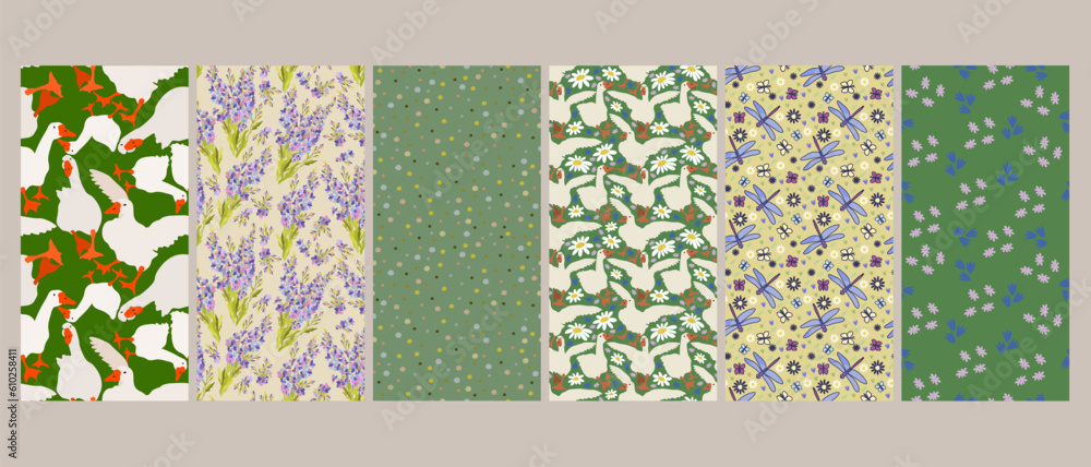 Vector collection of six seamless patterns with geese, flowers and flying insects. Summertime set.